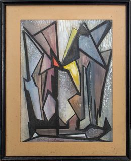 Illegibly Signed Cubist Gouache on Paper, 1962