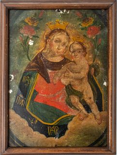 Madonna and Child Retablo Oil on Tin, 19th C.