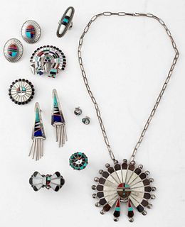 Zuni Native American Inlaid Silver Jewelry, 9 Pcs