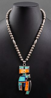 Frank Yellowhorse Inlaid Silver Pendant Necklace
