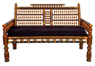 Anglo-Indian Sankheda Black Lacquer & Gilt Settee