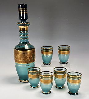 ART DECO BLUE GLASS W GOLD RIM DECANTER & CORDIAL SET