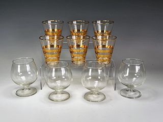 VINTAGE GOLD STRIPED SHOT GLASSES & 4 SMALL BRANDY SNIFTERS 