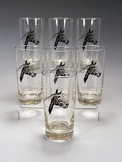 7 MID CENTURY HIGHBALL GLASSES WITH HORSE HEAD
