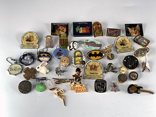 COLLECTION OF VINTAGE POP CULTURE, MUSIC, SPCA PINS AND EARRINGS