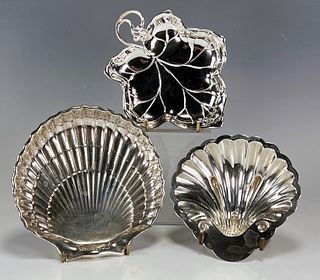 TWO STERLING SHELL DISHES & SP LEAF DISH