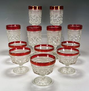 ANCHOR HOCKING CLEAR GLASS WITH CRANBERRY RIMS