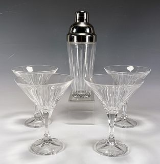 FOUR SHANNON CRYSTAL MARTINI/MARGARITA GLASSES AND SHAKER 