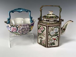 FLORAL TEA POT & BOWL WITH TALL HANDLE