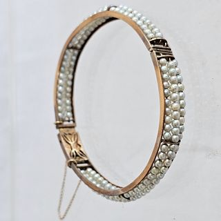 Victorian Seed Pearl, 14k Rose Gold Bangle Bracelet
