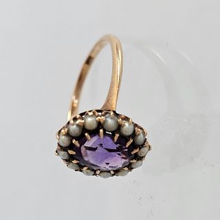 Amethyst, Seed Pearl, 14k Yellow Gold Ring