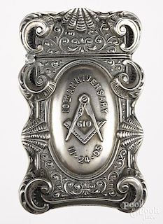 Garman sterling Masonic match vesta safe with heavily embossed shell and scroll decoration