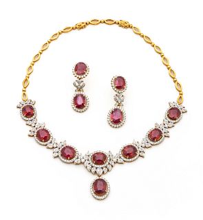 Ruby, Diamond & 22kt Yellow Gold Necklace And Matching Earrings, L 18" 95g 3 pcs