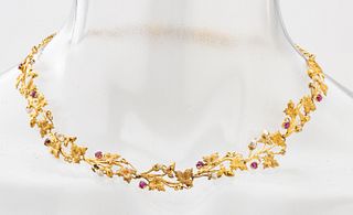 14K Yellow Gold Leaf Design with Rubies & Seed Pearls Necklace, Ca. 1940, L 15" 24.8g