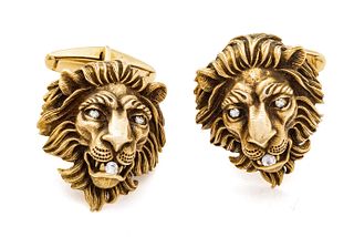 14K Gold Lion Head And Diamond Accents Cufflinks 21.7g