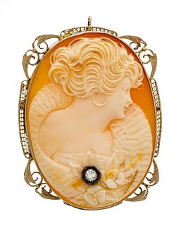 Art Nouveau 14k White Gold, Carved Cameo Pendant Brooch, Diamond Accent Ca. 1900, H 2"