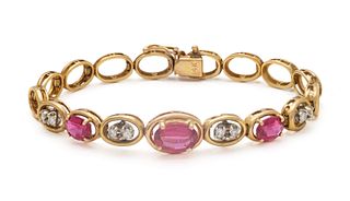 Pink Tourmaline And Diamond Bracelet, 14K Yellow Gold, L 7" 16.3g