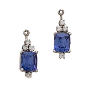 Diamond And Tanzanite Cushion Cut Earrings, 5.46 Cts Total Weight 4g