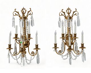 Pair of Brass And Crystal Wall Sconces,  20th C., H 24" W 16" 2 pcs