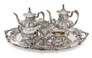 Fisher (American) Sterling Silver Tea & Coffee Service with Tray, W 20.5" L 28.5" 289t oz 6 pcs