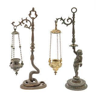 Grand Tour Early Lighting Bronze Snake And Figural Lamps, Ca. 18th/19th C., H 17" 2 pcs