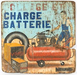African Painted Wood Advertising Sign "Charge Batterie", Mali