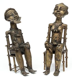 Ivory Coast, Baule Peoples, Cast Metal Seated Ancestor Figures H 15" 1 Pair