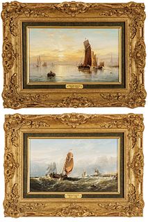 Edwin Hayes (British 1819/20-1904) Oils on Canvas, Ca. 1872, Dutch Smacks on the Scheldt And Near Antwerp, H 6.5" W 10.75"