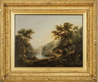 Alexander Nasmyth (Scottish, 1758-1840) Oil on Canvas "The Fishing Party, Loch Katrine, Perthshire" H 27" W 35"