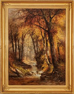 Thomas Bigelow Craig (American, 1849-1924) Oil on Canvas, Ca. 1875, "Falling Leaves", H 48" W 36"