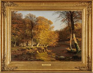 Christian Gotfred Rump (Danish, 1816-1880) Oil on Canvas Ca. 1874, Deer by a Forest River, H 23" W 31"