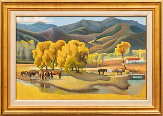 Fred E. Brooks (American) Oil on Masonite, "October Valley", H 25" W 38"