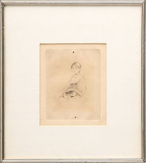 Berthe Morisot (French, 1841-1895) Drypoint Etching on Paper, 1889, "La Fillette Au Chat (Julie Manet)", H 6" W 4.75"