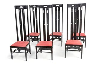 Charles Rennie Mackintosh Ebonized Wood Highback Dining Chairs, H 59" W 18.5" Depth 17" 6 pcs
