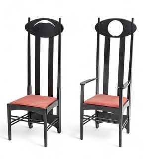 Charles Rennie Mackintosh 'Sun' Armchair & 'Moon' Chair, Ebonized Wood, H 54" W 19" Depth 18" 2 pcs