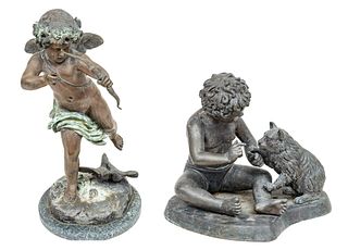 Bronze Garden Sculptures, Cupid & Child with Cat, H 26" W 30" Depth 24" 2 pcs