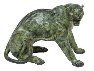Bronze Sculpture, Snarling Panther in a Crouched Position, 20th C., H 28" W 24" L 36"