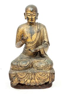 稀有早期中国大型镀金青铜罗汉雕像，罗汉的形象 | Rare And Early Chinese Large Gilded Bronze Arhat Statue, Figure of a Luohan H 31" W 17" Depth 14"