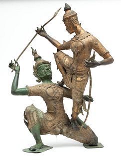 Thai Gilt Bronze Sculpture Late 20th C., Lakshmi Dancers, H 30" W 22" Depth 16"
