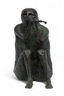 Bronze Sculpture, Man Playing the Flute, H 11.5" W 6.5" Depth 7"