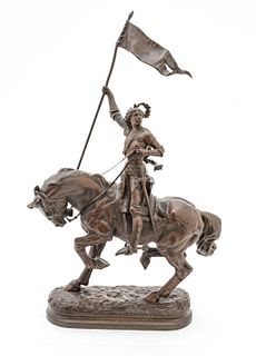 Adrien Etienne Gaudez, (French, 1845-1902) Bronze Sculpture, Joan of Arc on Horse Holding Banner "Dieu Patrie", H 19" L 12"