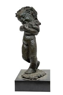 Betty Jacobs (American, B. 1975) Bronze Sculpture Ca. 1960, "Child with Kitten", H 22" W 14"