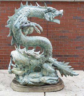 Patinated Cast Steel Garden Sculpture, Chinese Zodiac Dragon with Sphere, 20th C., H 65" W 25" L 60"