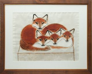 Charles Culver (American, 1908-1967) Pastel, Watercolor And Charcoal on Paper, "Family of Foxes", H 21" W 28.5"