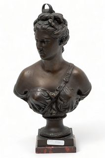 After Jean-Antoine Houdon (French, 1741-1828) Bronze Bust "Diana the Huntress", H 15" L 9" Depth 6"