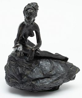 Betty Jacob, (Amer, 20th. C.) Bronze Sculpture Nude, Seated on Rocky Ledge H 13" W 11" Depth 10"