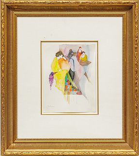 Itzchak Isaac Tarkay (Serbian/Isreali, 1935-2012) Watercolor on Paper, Lady in Yellow with Four Other Seated Figures, H 33.75" W 10.5"