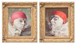 Armand Francois Joseph Henrion (French, 1875-1958) Oil on Canvas, "Clowns with Cigarettes", H 10.75" W 8.5" 2 pcs