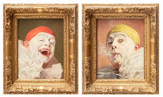 Armand Francois Joseph Henrion (French, 1875-1958) Oil on Panels, "Clowns with Cigarettes", H 7.5" W 6" 2 pcs