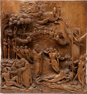 After Lorenzo Ghiberti (Italian, 1378-1455) Carved Oak Relief Plaque, "The Creation of Adam And Eve", H 31" W 29.25"